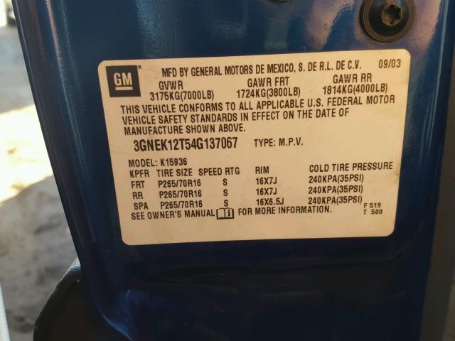 3GNEK12T54G137067 - 2004 CHEVROLET AVALANCHE BLUE photo 10