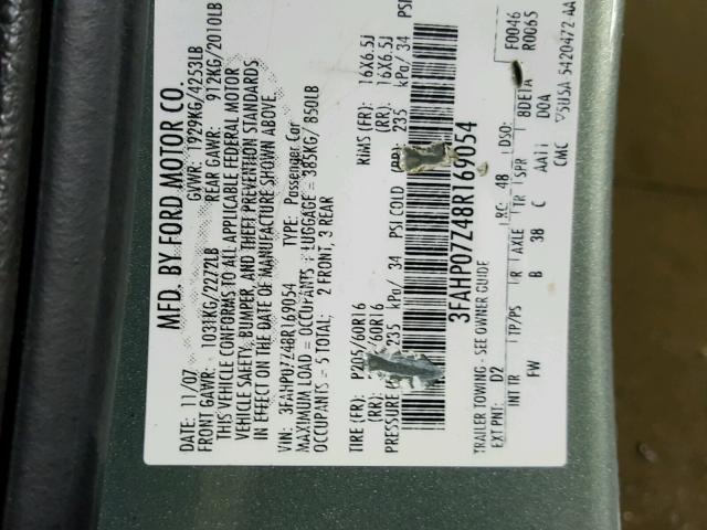 3FAHP07Z48R169054 - 2008 FORD FUSION SE GREEN photo 10