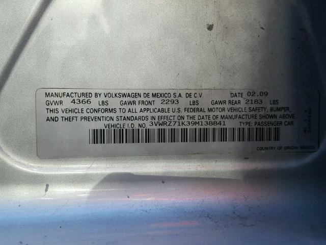 3VWRZ71K39M138841 - 2009 VOLKSWAGEN JETTA SE SILVER photo 10