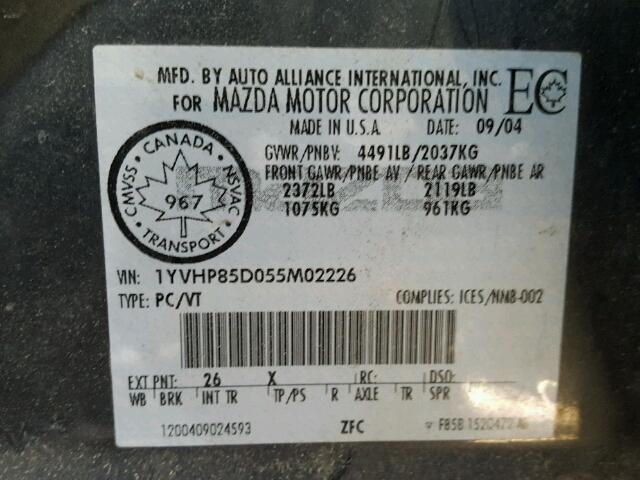 1YVHP85D055M02226 - 2005 MAZDA 6 S GRAY photo 10