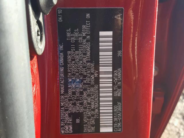 2T2BK1BA2AC059780 - 2010 LEXUS RX 350 RED photo 10