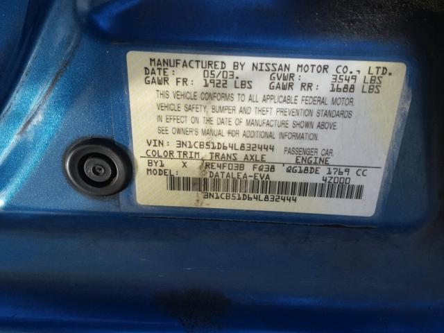 3N1CB51D64L832444 - 2004 NISSAN SENTRA 1.8 BLUE photo 10