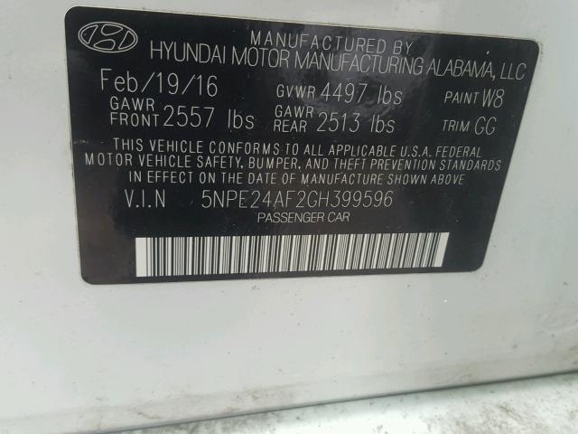 5NPE24AF2GH399596 - 2016 HYUNDAI SONATA SE WHITE photo 10