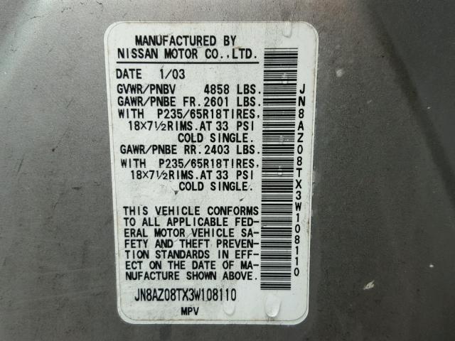 JN8AZ08TX3W108110 - 2003 NISSAN MURANO SL SILVER photo 10