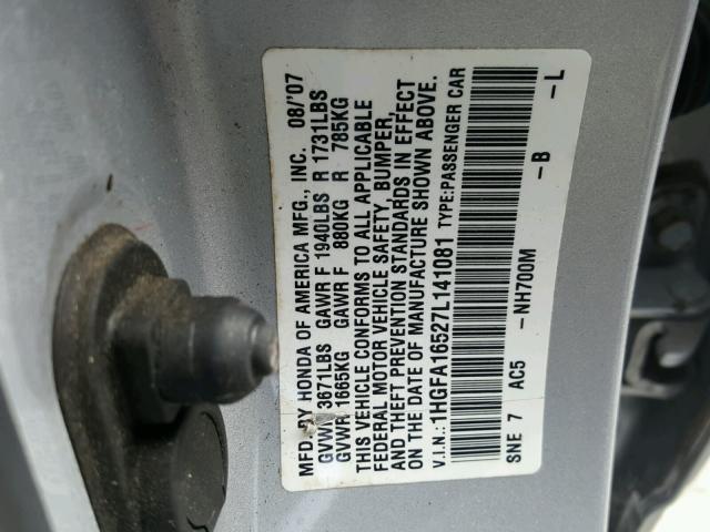 1HGFA16527L141081 - 2007 HONDA CIVIC LX SILVER photo 10