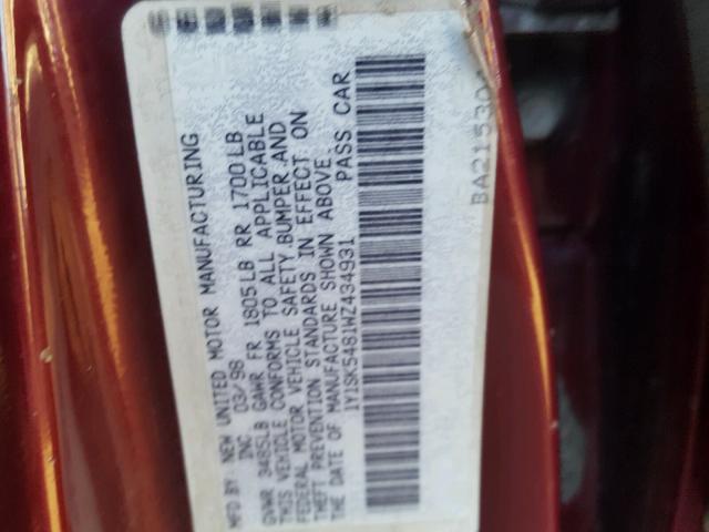 1Y1SK5481WZ434931 - 1998 CHEVROLET GEO PRIZM 栗色 照片 10