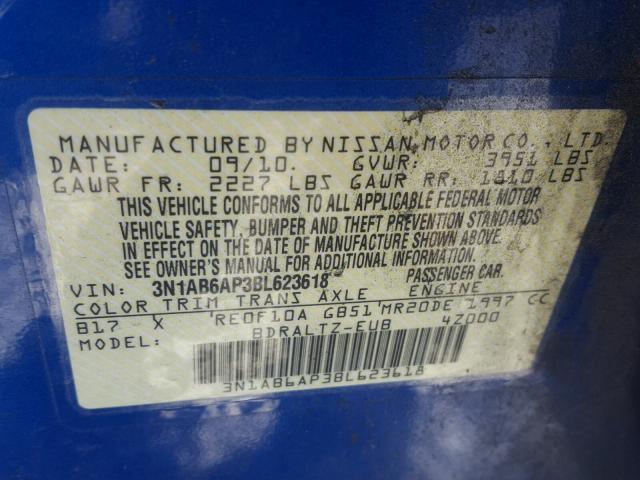 3N1AB6AP3BL623618 - 2011 NISSAN SENTRA 2.0 BLUE photo 10