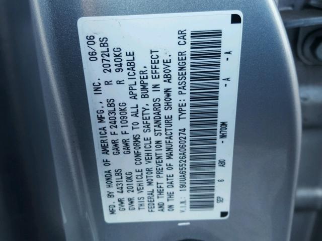 19UUA65526A060274 - 2006 ACURA 3.2TL SILVER photo 10