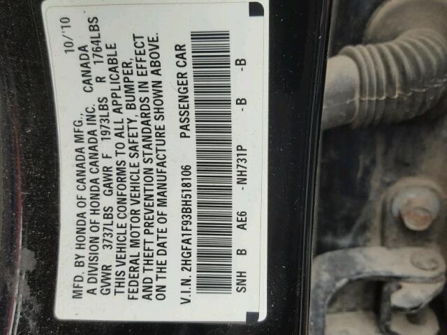 2HGFA1F93BH518106 - 2011 HONDA CIVIC EXL 黑色 照片 10