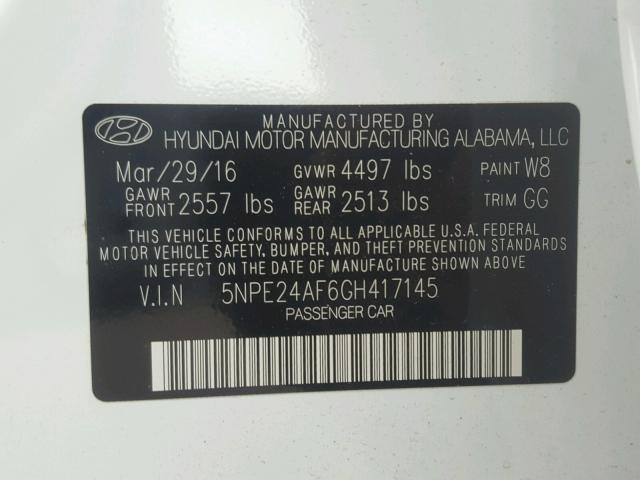 5NPE24AF6GH417145 - 2016 HYUNDAI SONATA SE WHITE photo 10