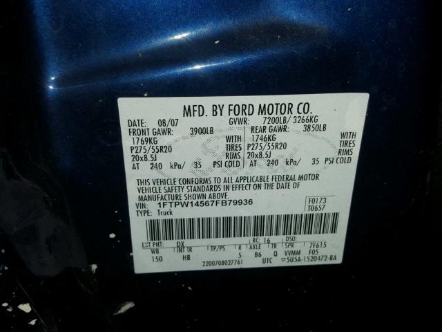 1FTPW14567FB79936 - 2007 FORD F150 SUPER BLUE photo 10