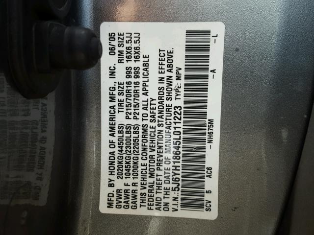 5J6YH18645L011223 - 2005 HONDA ELEMENT EX GRAY photo 10