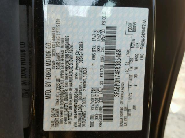 3FA6P0H74ER385468 - 2014 FORD FUSION SE BLACK photo 10