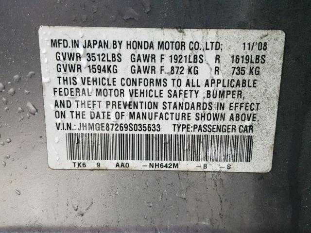 JHMGE87269S035633 - 2009 HONDA FIT SILVER photo 10