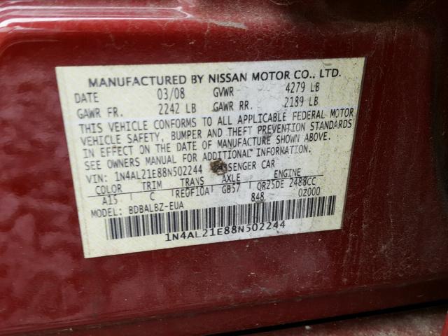 1N4AL21E88N502244 - 2008 NISSAN ALTIMA 2.5 RED photo 10