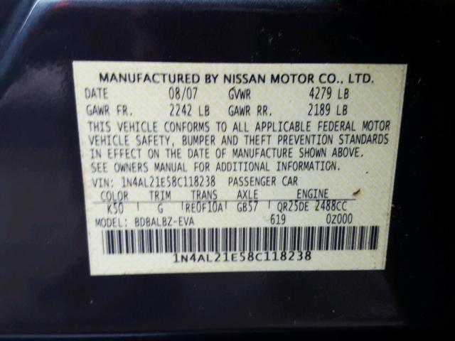 1N4AL21E58C118238 - 2008 NISSAN ALTIMA 2.5 BLUE photo 10