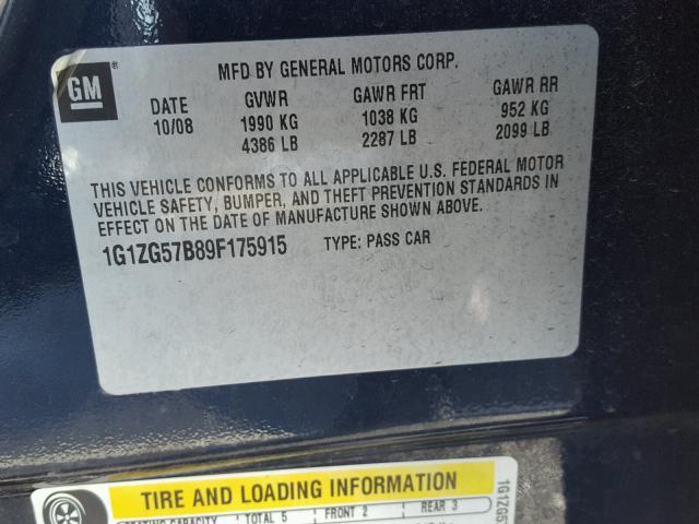 1G1ZG57B89F175915 - 2009 CHEVROLET MALIBU LS ლურჯი ფოტო 10