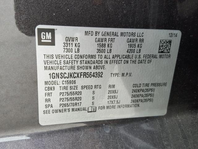 1GNSCJKCXFR564392 - 2015 CHEVROLET SUBURBAN C CHARCOAL photo 10