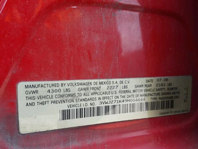 3VWJZ71K49M004644 - 2009 VOLKSWAGEN JETTA S RED photo 10