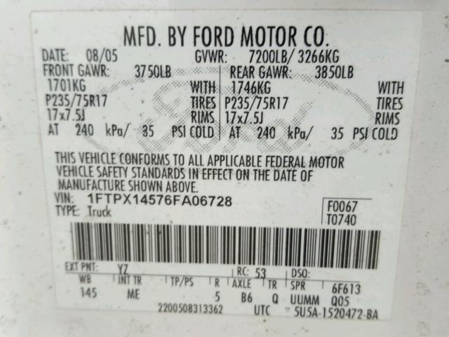 1FTPX14576FA06728 - 2006 FORD F150 WHITE photo 10