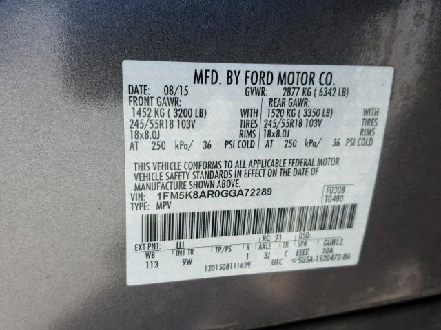 1FM5K8AR0GGA72289 - 2016 FORD EXPLORER P GRAY photo 10