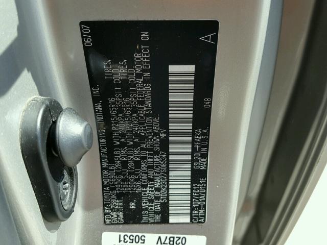 5TDZK23C77S085347 - 2007 TOYOTA SIENNA CE SILVER photo 10