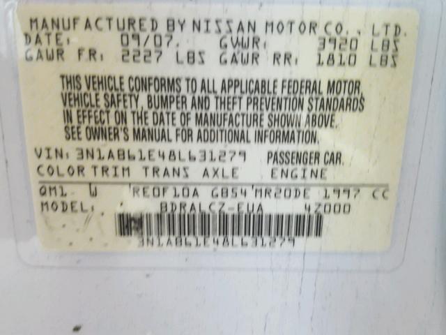 3N1AB61E48L631279 - 2008 NISSAN SENTRA 2.0 WHITE photo 10