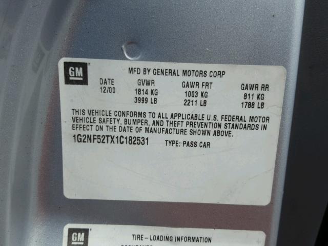 1G2NF52TX1C182531 - 2001 PONTIAC GRAND AM S ვერცხლისფერი ფოტო 10