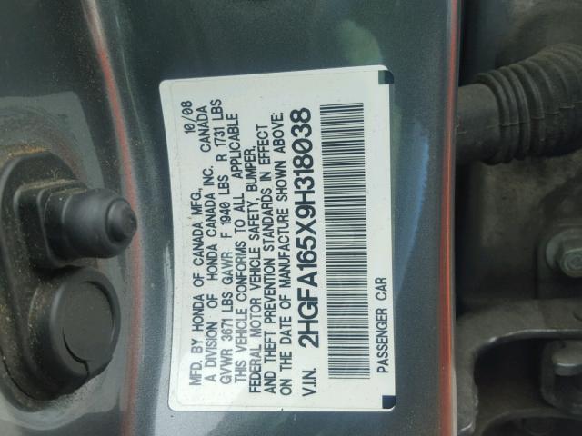 2HGFA165X9H318038 - 2009 HONDA CIVIC LX GRAY photo 10