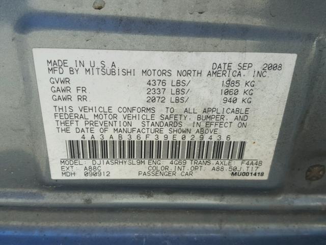 4A3AB36F39E029436 - 2009 MITSUBISHI GALANT ES GRAY photo 10