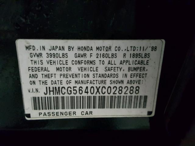 JHMCG5640XC028288 - 1999 HONDA ACCORD LX GREEN photo 10