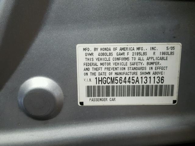 1HGCM56445A131136 - 2005 HONDA ACCORD LX GRAY photo 10