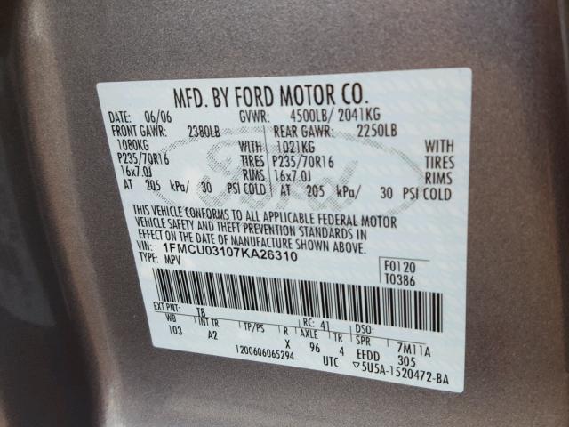 1FMCU03107KA26310 - 2007 FORD ESCAPE XLT GRAY photo 10