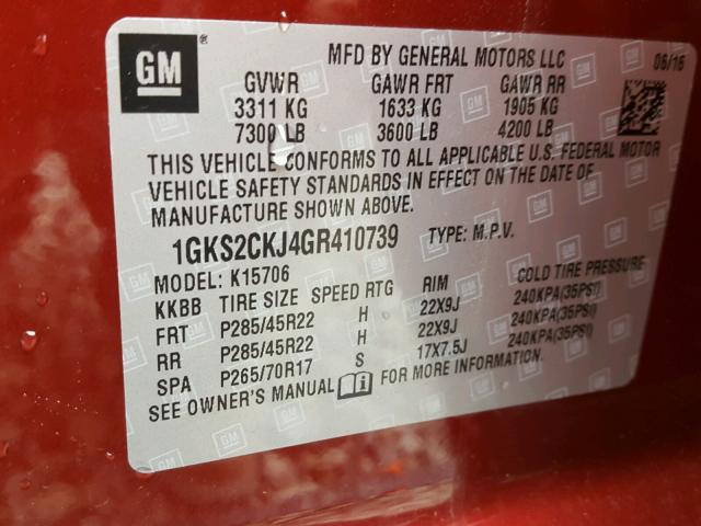 1GKS2CKJ4GR410739 - 2016 GMC YUKON DENA MAROON photo 10