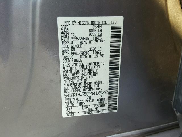 5N1AR18W75C701872 - 2005 NISSAN PATHFINDER CHARCOAL photo 10