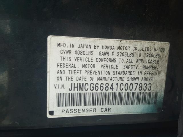 JHMCG66841C007833 - 2001 HONDA ACCORD EX GREEN photo 10