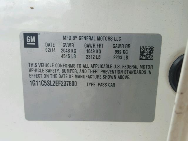 1G11C5SL2EF237800 - 2014 CHEVROLET MALIBU 1LT WHITE photo 10