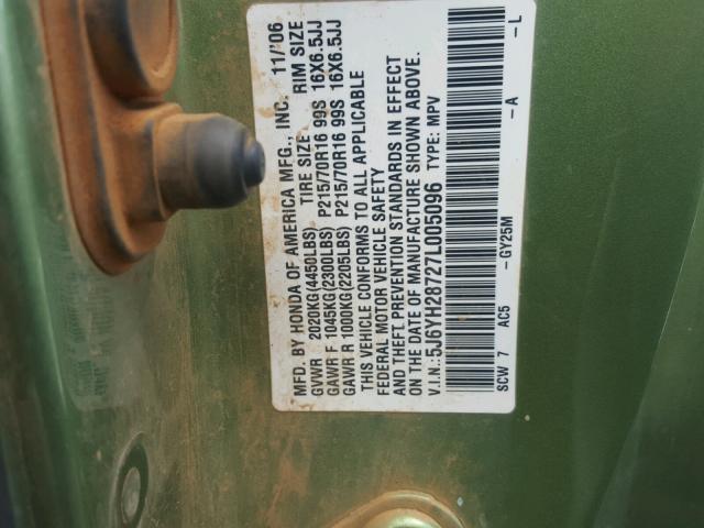 5J6YH28727L005096 - 2007 HONDA ELEMENT EX GREEN photo 10