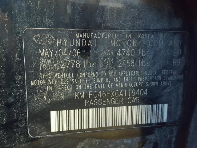 KMHFC46FX6A119404 - 2006 HYUNDAI AZERA SE BLACK photo 10