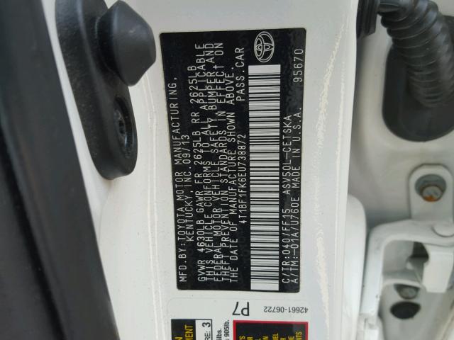 4T1BF1FK6EU738872 - 2014 TOYOTA CAMRY L WHITE photo 10