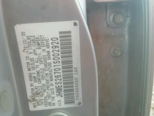 JHMES26701S002920 - 2001 HONDA CIVIC EX ვერცხლისფერი ფოტო 10