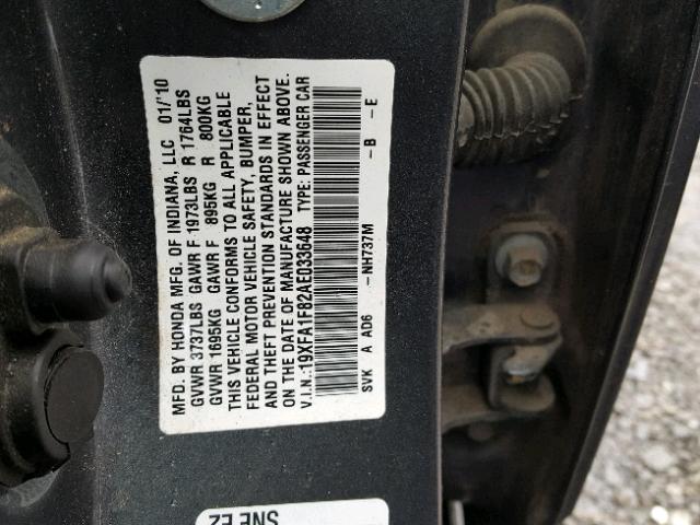 19XFA1F82AE033648 - 2010 HONDA CIVIC EX GRAY photo 10