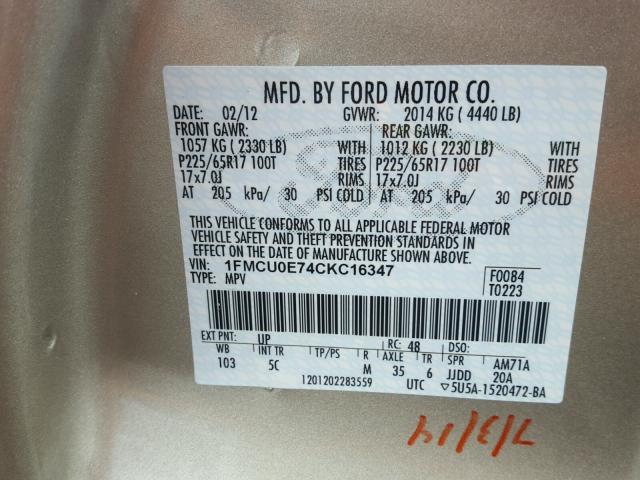 1FMCU0E74CKC16347 - 2012 FORD ESCAPE LIM TAN photo 10