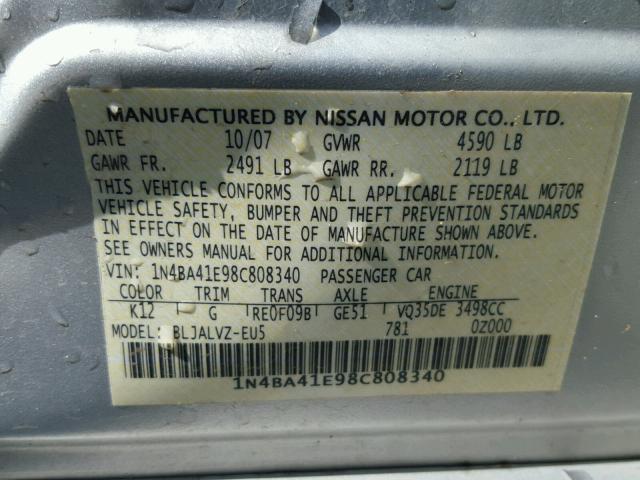 1N4BA41E98C808340 - 2008 NISSAN MAXIMA SE SILVER photo 10