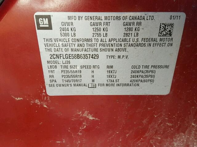 2CNFLGE58B6357429 - 2011 CHEVROLET EQUINOX LT RED photo 10