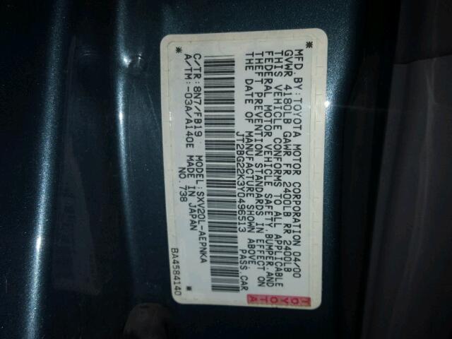 JT2BG22K3Y0496513 - 2000 TOYOTA CAMRY CE BLUE photo 10