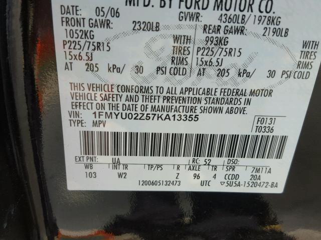 1FMYU02Z57KA13355 - 2007 FORD ESCAPE XLS BLACK photo 10