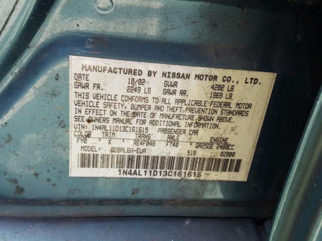 1N4AL11D13C161615 - 2003 NISSAN ALTIMA BAS BLUE photo 10