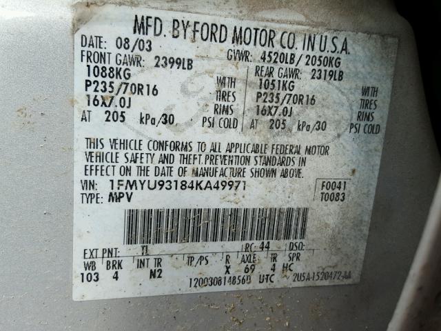 1FMYU93184KA49971 - 2004 FORD ESCAPE XLT SILVER photo 10