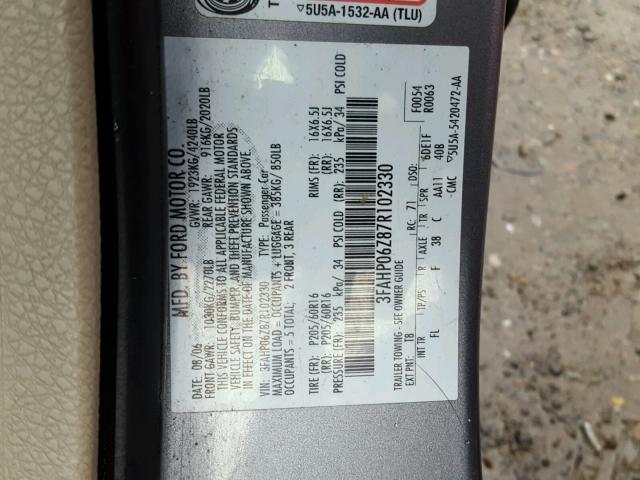 3FAHP06Z87R102330 - 2007 FORD FUSION S GRAY photo 10